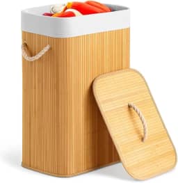 Cesto de Bambu Claro com Tampa e Forro Removível Dobrável 72L para Roupas Sujas Lavanderia Bege