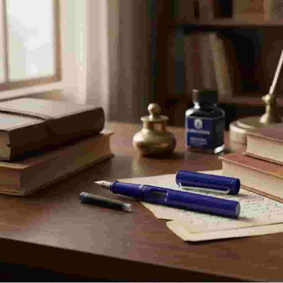 Caneta tinteiro modelo safari ponta fina com cartucho de tinta azul, compatível com lamy (Azul)