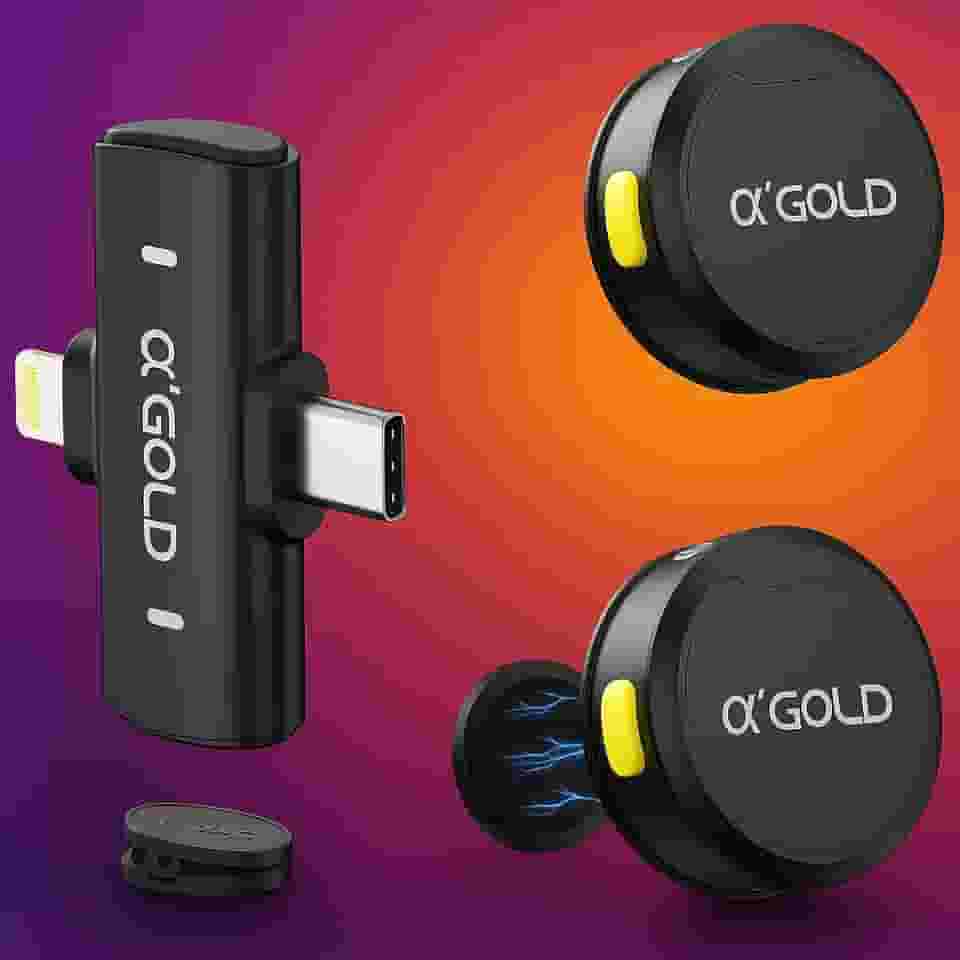 Microfone de Lapela Duplo Sem Fio α’GOLD, Compatível com iPhone (iOS) e Android USB-C, Transmissor Lightning e Type C, Som Profissional, Plug & Play, Ideal para Vídeos, Lives, Podcast e TikTok
