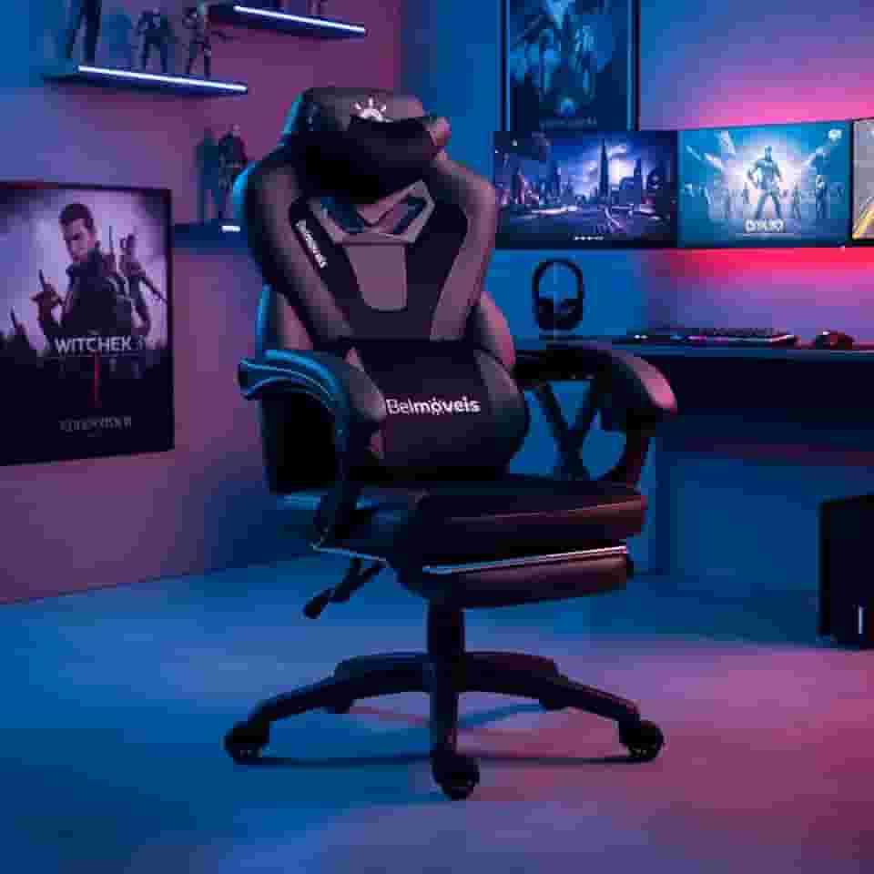 Cadeira Gamer Escritório Couro Sintético Pu Black Molas Ensacadas Reclinável Apoio De Pé Função Massagem Bmg2 Belmóveis