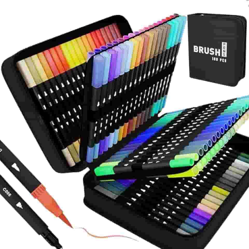 Canetas Marcadoras Brush Pens com Dupla Ponta, 100 Cores (Ponta Fina e Pincel) – Marcadores Artísticos para Crianças e Livros de Colorir para Adultos, Não Vaza a Tinta (100 cores)