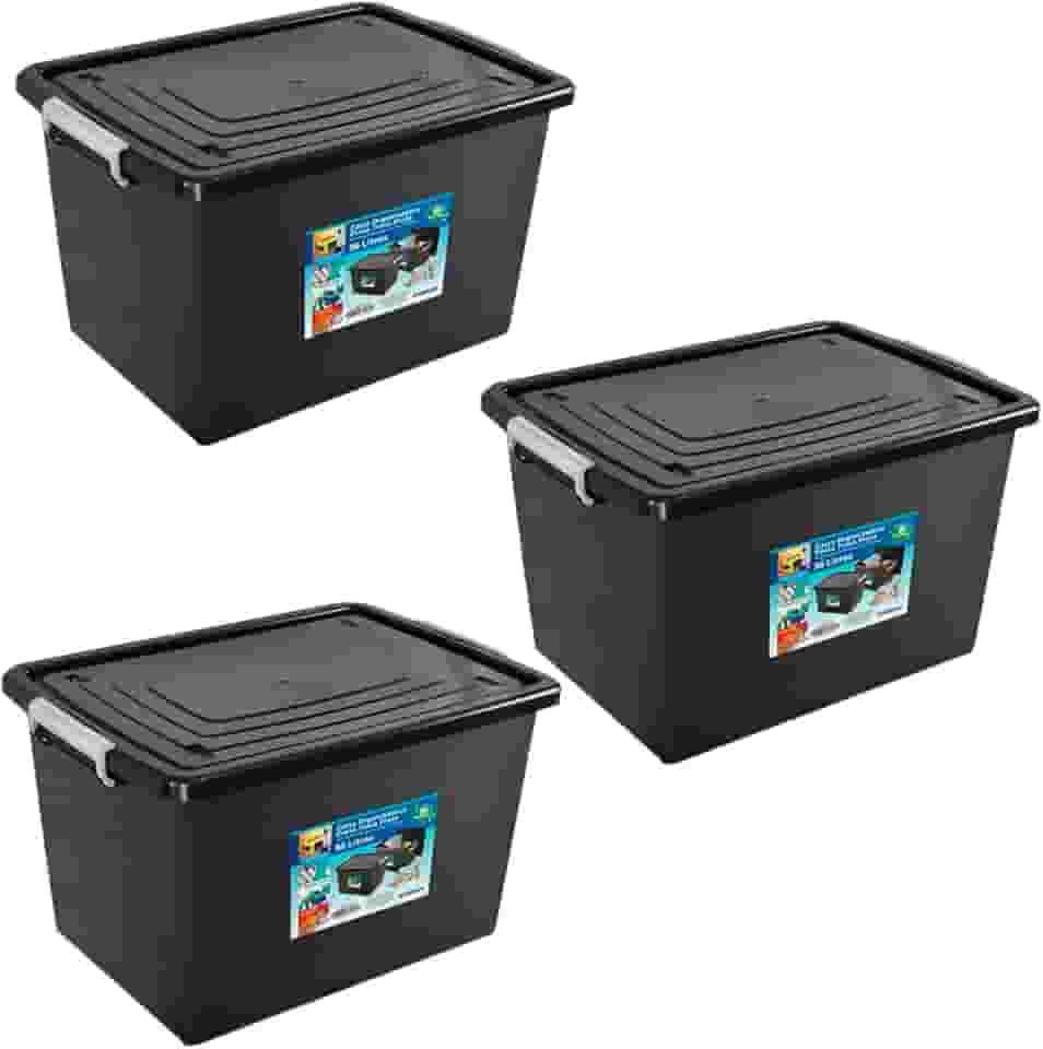 Kit 3 Caixas Organizadoras 56 Litros C/Tampa e Trava Preta 25793PM Arqplast