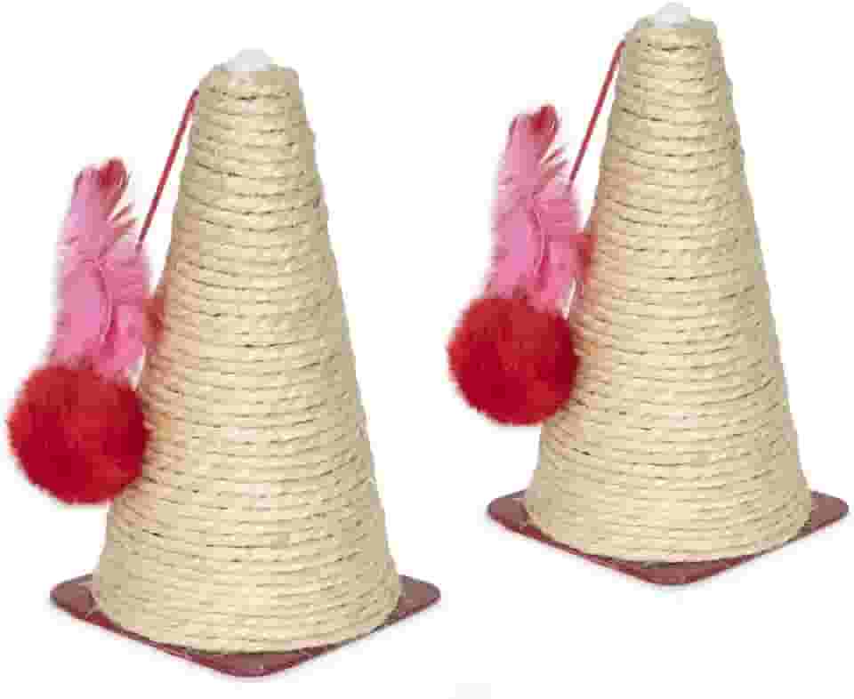 Arranhador para Gato Cone Sisal Bola Pelúcia Penas Chocalho - KIT com 2 unidades