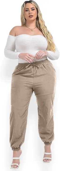 Calça Feminina Jogger Plus Size Cintura Alta Sig Estilo com Bolsos