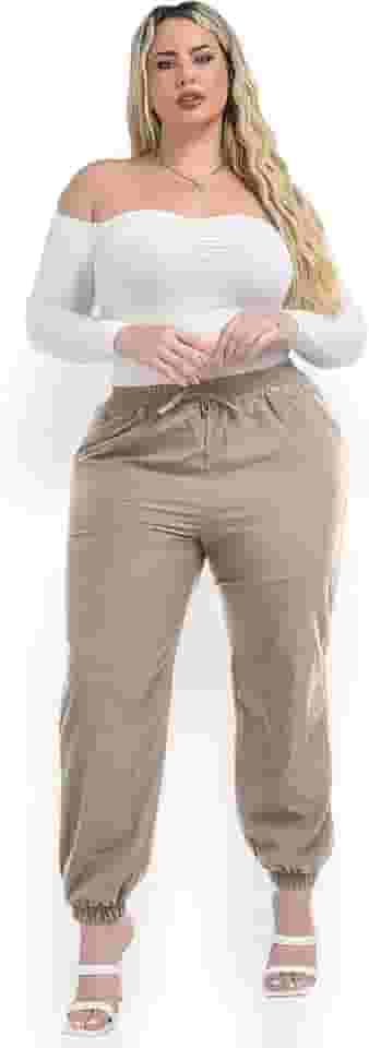 Calça Feminina Jogger Plus Size Cintura Alta Sig Estilo com Bolsos