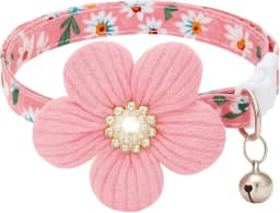 Coleira Floral Luxo com Flor e Sino para Gatos ou Cachorros Pequenos – Algodão Confortável, Fivela Breakaway, Ajustável, Rosa, Charmosa