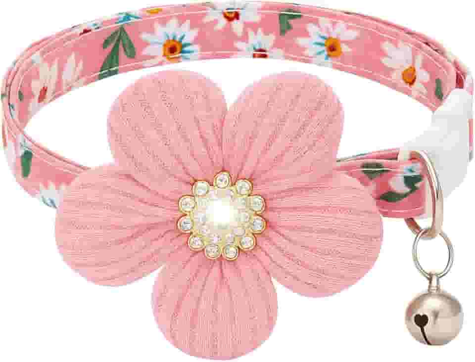 Coleira Floral Luxo com Flor e Sino para Gatos ou Cachorros Pequenos – Algodão Confortável, Fivela Breakaway, Ajustável, Rosa, Charmosa