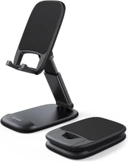 Lamicall Suporte de telefone dobrável para mesa – Suporte de celular ajustável em altura portátil, base de mesa compatível com iPhone 16 15 14 13 Pro Max Mini, 12 11 XR X 8 Plus SE, smartphone
