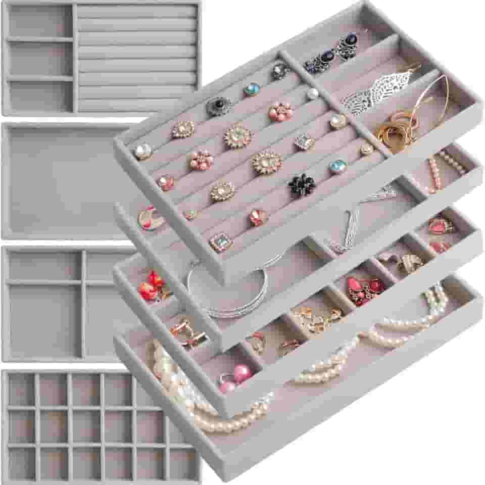 Kit 4 Bandejas Para Jóias Bijuterias Organizadores de Gavetas Divisorias Veludo (Cinza)
