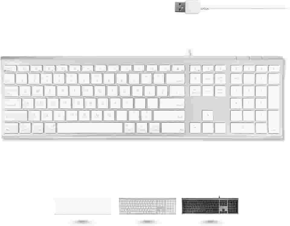Macally Teclado de computador com fio USB ultrafino – compatível com teclado Apple ou Windows – Teclado de tamanho completo com 20 teclas de teclado Mac – com teclado numérico – Acabamento em alumínio