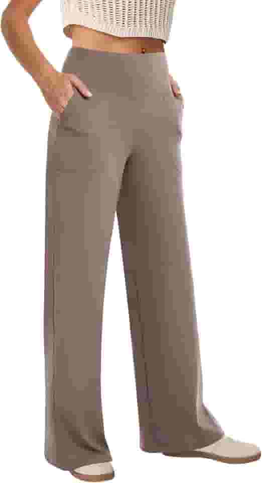 Calça feminina de perna larga para ioga de cintura alta com bolsos, vestido elástico solto para trabalho, moletom casual