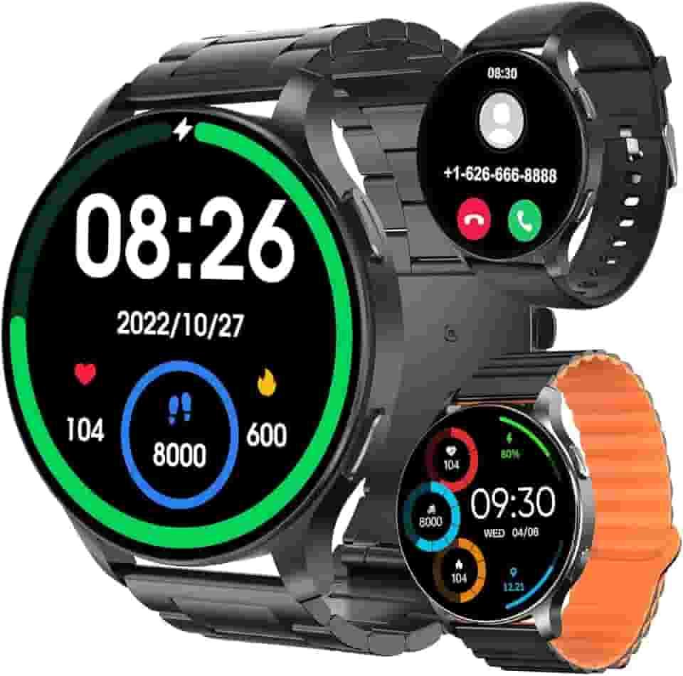 Smartwatch com Tela Full Touch 1.45', IP68, Compatível com iOS e Android, 120+ Modos Esportivos e Recebimento de Notificações, Faz e Recebe Ligações, Assistente de Voz, Unissex, 3 Pulseiras (Preto)