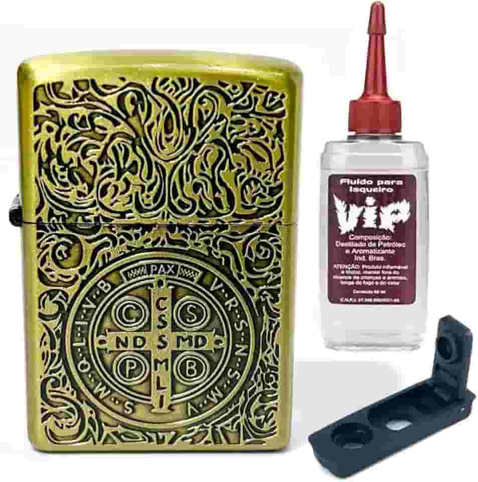 Isqueiro Clássico Medalha de São Bento, com vedação anti-evaporação e Refil 60ml