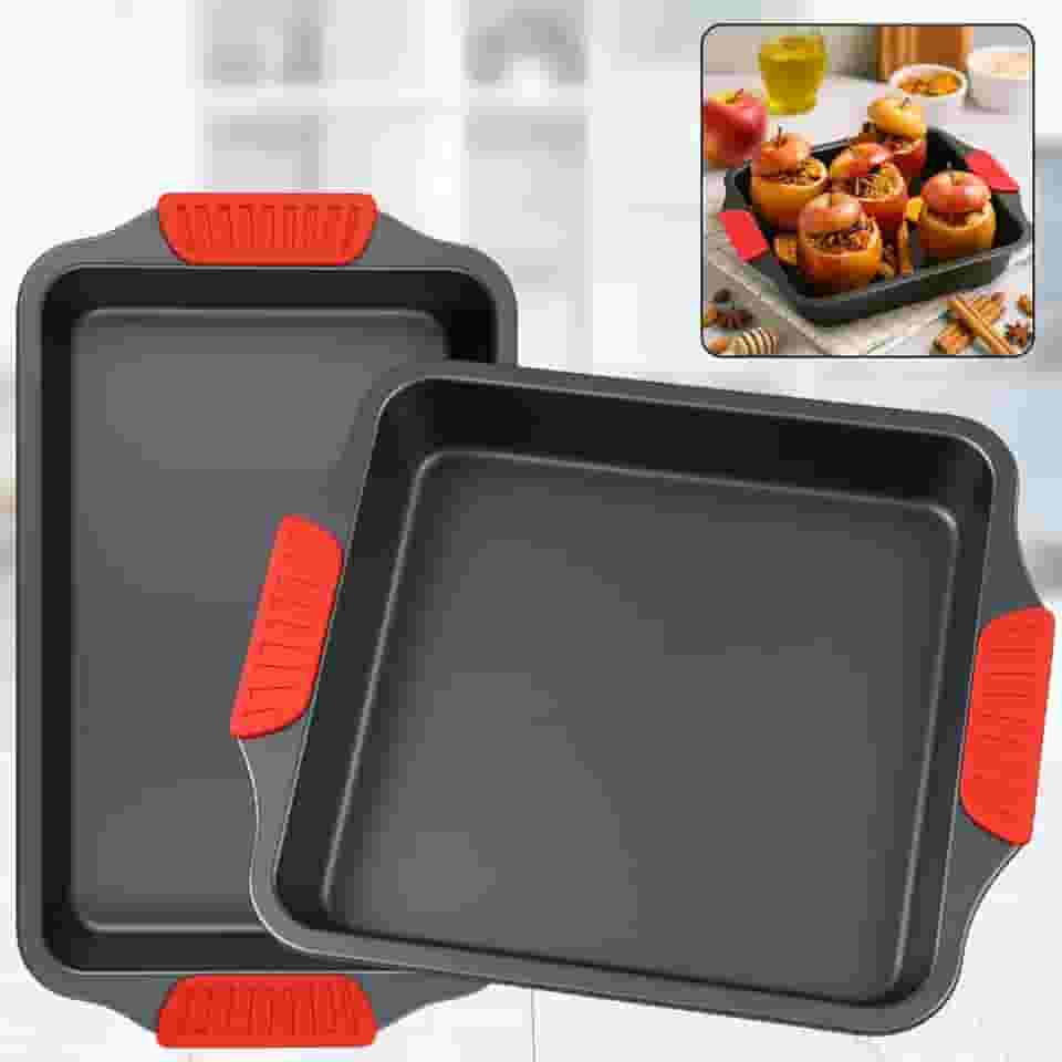 ELARO Kit 2 Assadeira Antiaderente - Aço Carbono Rerforçado com Teflon- Com Pegada De Silicone - Travessa Grande e Funda - Jogo De Forma Retangular Antiaderente - Para Forno - Bolo, Lasanha e Assados