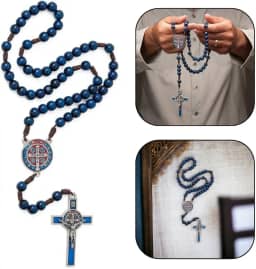 Terço Madeira Azul Cordão Marrom 10MM Sao Bento Cruz Metal Res Color