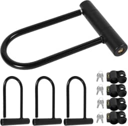 Pacote com 4 fechaduras em U para bicicleta resistente – Cadeado de bicicleta preto tamanho padrão com 8 peças de chaves e 4 peças de suportes de montagem, trava antifurto para scooter elétrica