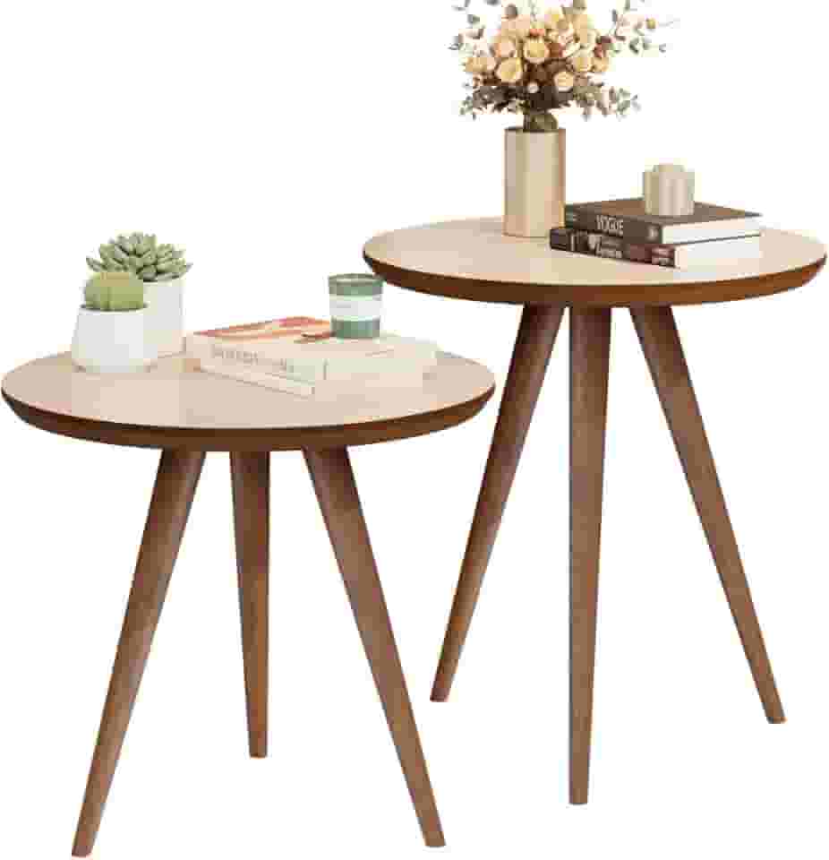 Mesa de Canto e Apoio Redonda Pés Palito em Madeira Modelo Retro Decorativa Star Off White/Freijó