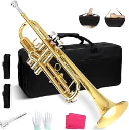 Trompete, Conjunto de Trompete Padrão para Iniciantes, Instrumento de Trompete de Latão (Ouro), com Bocal 7C, Pano de Limpeza, Luvas E Estojo de Transporte Rígido (Preto)
