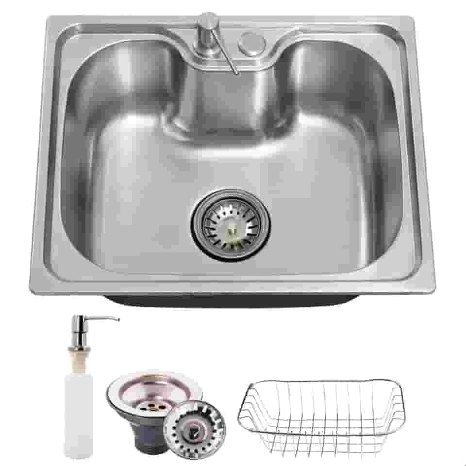 Cuba Cozinha Gourmet Aço Inox 201 50x40cm Quadrada Escovada SOFTINOX Embutir ou Sobrepor — Kit Cuba com Dispenser, Cesto Escorredor e Válvula