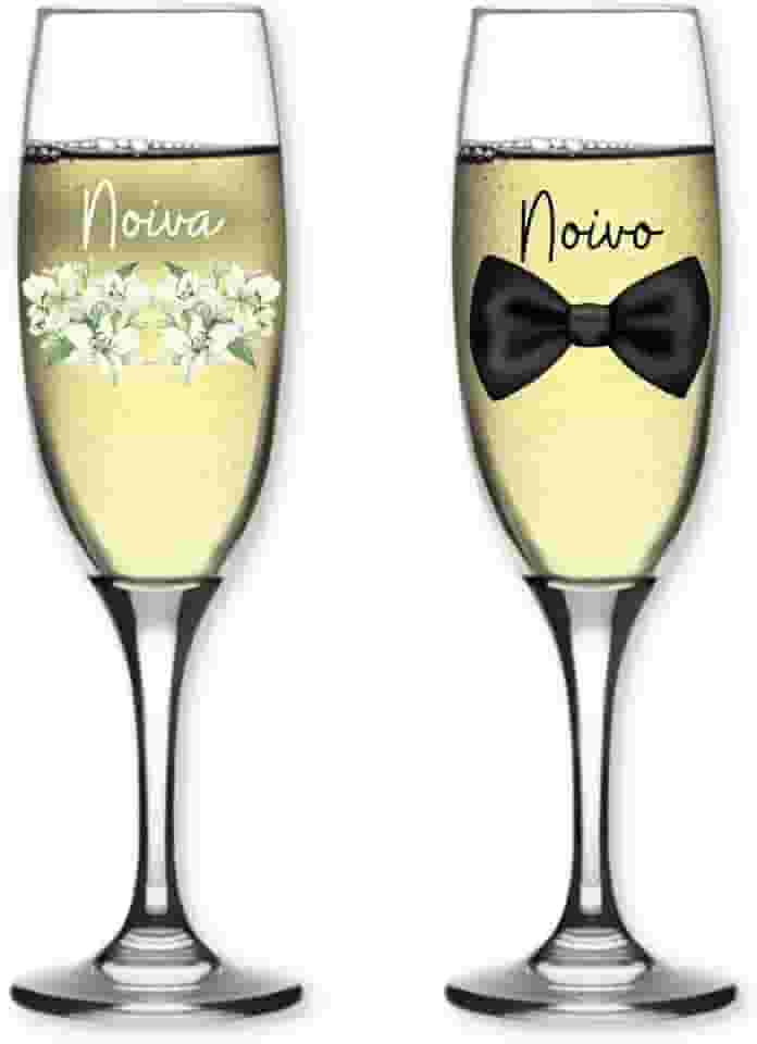 2 Taças De Champanhe 210ml Vidro Resistente Personalizada Estampa Noivado Casamento Presente Criativo Noivos Noiva Noivo Ensaio Romântico (KIT NOIVA FLORES)