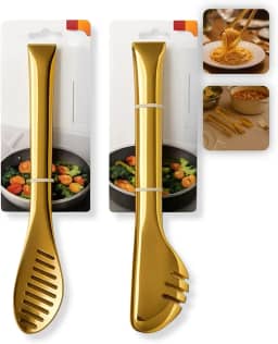 Kit 2 Pegadores Dourado em Inox – 1 Pegador de Massas e 1 Pegador Multiúso para Salada, Churrasco, Cozinha e Servir Alimentos – Aço Inoxidável Premium – Design Elegante e Funcional