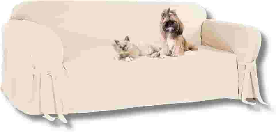 Capa Para Sofá 3 Lugares em Gorgurão Resistente Sala Decoração Laços Ajustáveis Lisa Pet Cachorro Cor:Crua