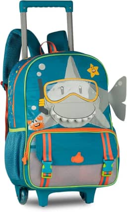 Mochila Escolar Infantil com Rodas, Design de Tubarão, Azul Turquesa, Alças Ajustáveis