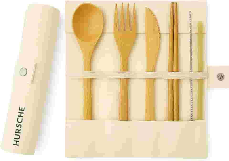 Conjunto de utensílios de bambu reutilizáveis – Kit de talheres de viagem ecológico com bolsa de algodão | Garfo de madeira sustentável, faca, colher, canudo e escova para acampamento, escritório