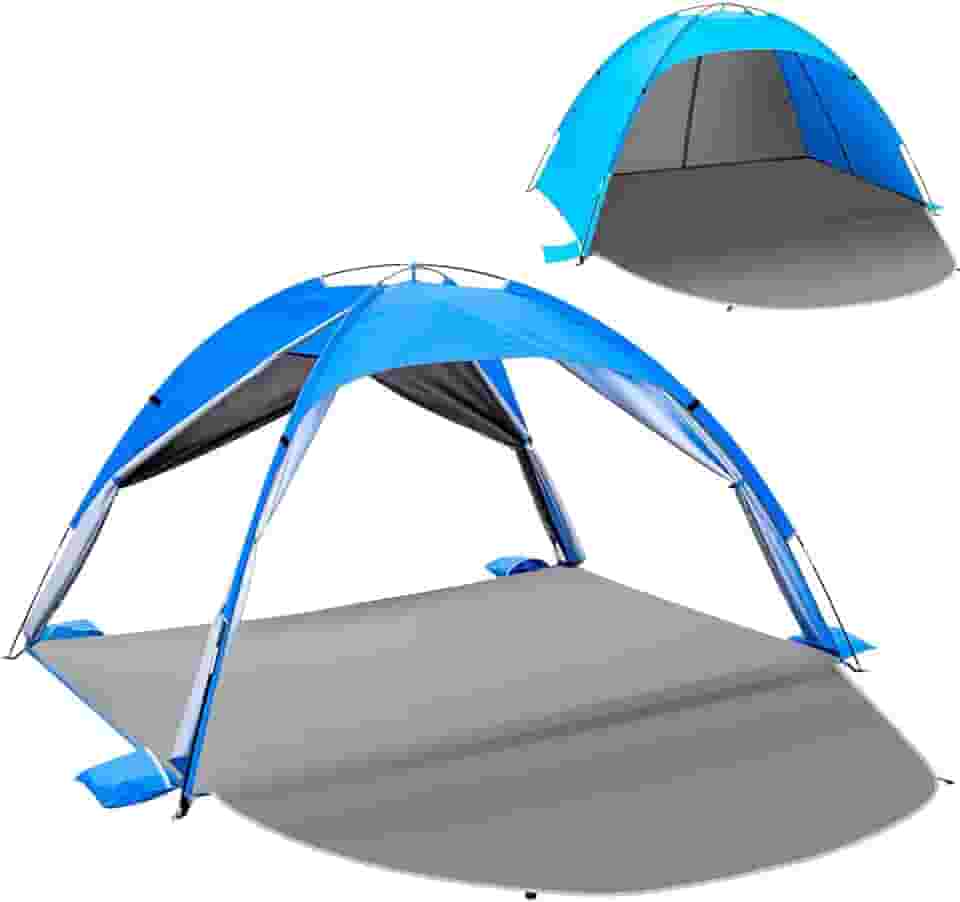 Barraca de praia para 3 a 4 pessoas, barraca de praia FPS 50+ com design respirável de 4 portas, postes de fibra de vidro de 8,0 mm, toldo de sol portátil para acampamento e exterior – azul