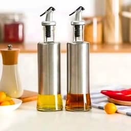 Kit 2 Galheteiros para Azeite e Vinagre em Aço Inox e Vidro, 300ml, Bico Dosador, 25 x 6 cm