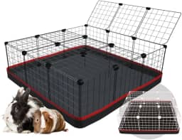 Cercado Gaiola para Porquinho da Índia 90x90cm com Teto e Bandeja Higiênica Tapete Impermeável Fácil de Limpar Cercadinho Coelho (Tela Preta e Tapete Laranja)