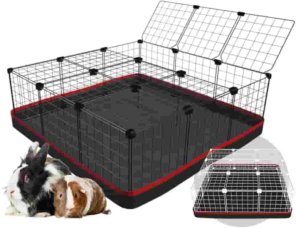 Cercado Gaiola para Porquinho da Índia 90x90cm com Teto e Bandeja Higiênica Tapete Impermeável Fácil de Limpar Cercadinho Coelho (Tela Preta e Tapete Laranja)