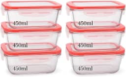 KIT 06 Potes de Vidro Retangular com Tampa Hermética Marmita, Vai ao Freezer, Forno e Micro-ondas 450ml Ideal para Alimentação Saudável e Praticidade no Dia a Dia Cor: Vermelha