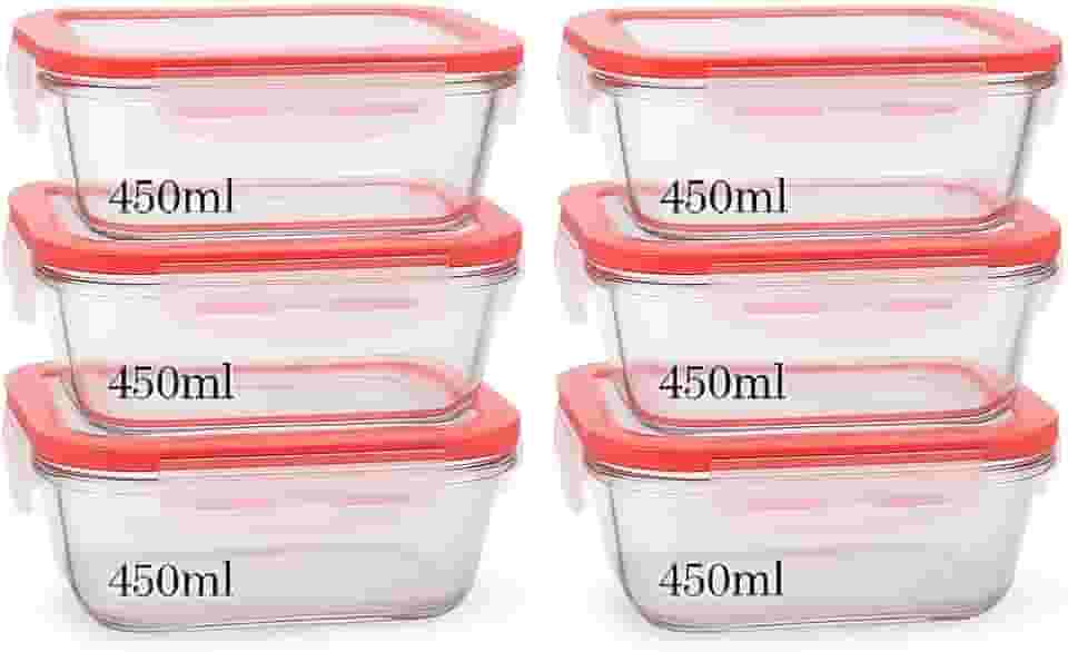 KIT 06 Potes de Vidro Retangular com Tampa Hermética Marmita, Vai ao Freezer, Forno e Micro-ondas 450ml Ideal para Alimentação Saudável e Praticidade no Dia a Dia Cor: Vermelha