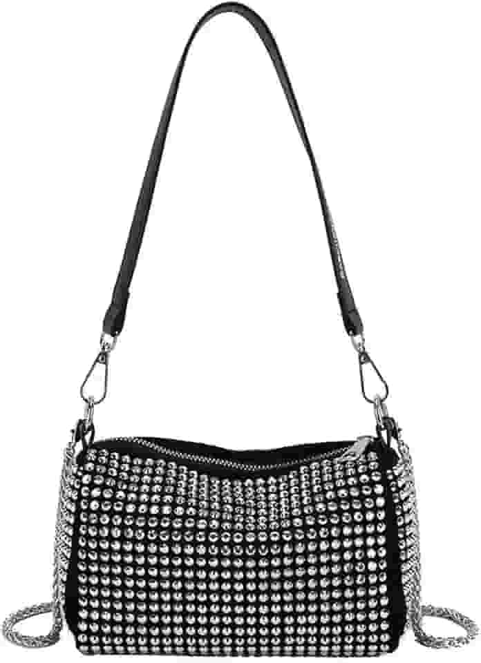Bolsa de Ombro Feminina com Cristais, Alça Removível e Corrente, Preta