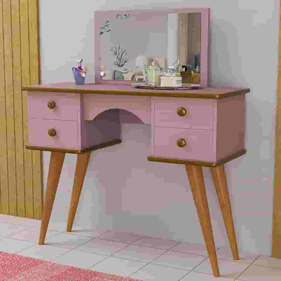 Penteadeira Infantil Rosa com Espelho e Gavetas com Pés Palito Retrô