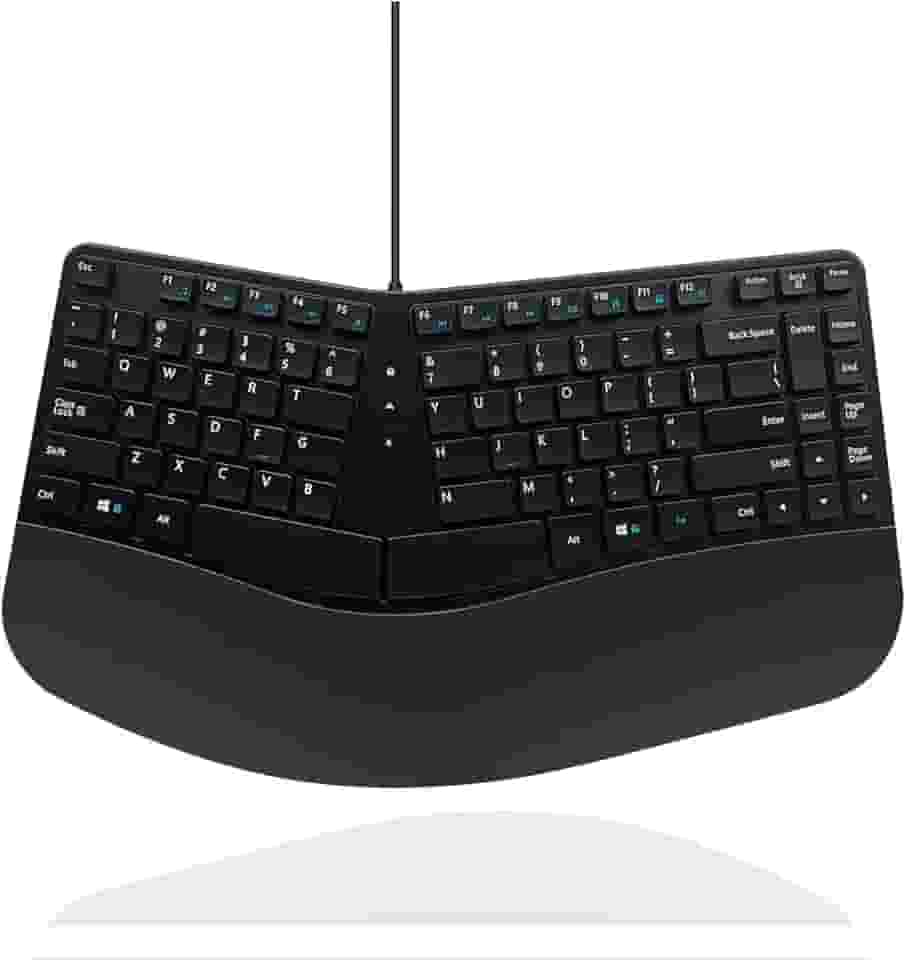 MCSaite Teclado ergonômico compacto USB com fio - Teclado dividido com suporte acolchoado para pulso e palma - 40 x 22 x 3 cm - Preto - Inglês dos EUA