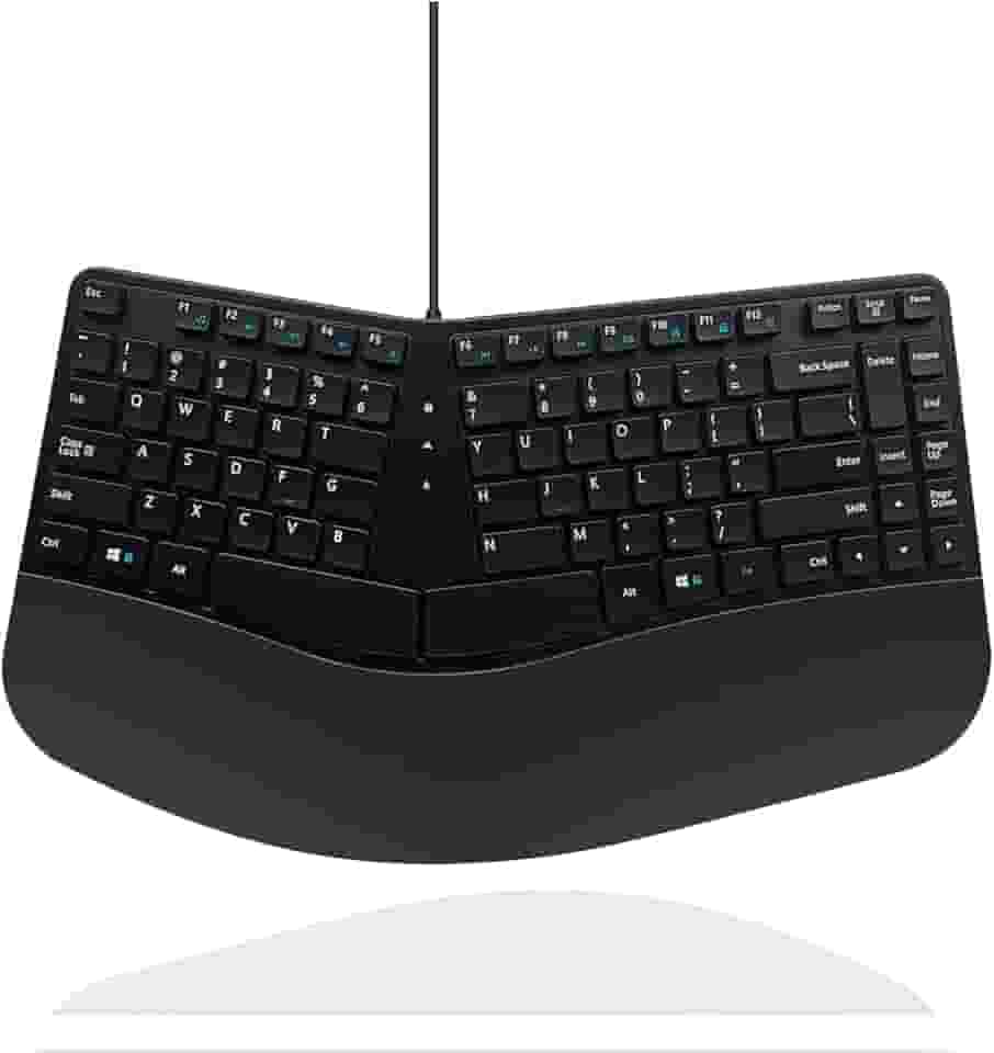 MCSaite Teclado ergonômico compacto USB com fio - Teclado dividido com suporte acolchoado para pulso e palma - 40 x 22 x 3 cm - Preto - Inglês dos EUA