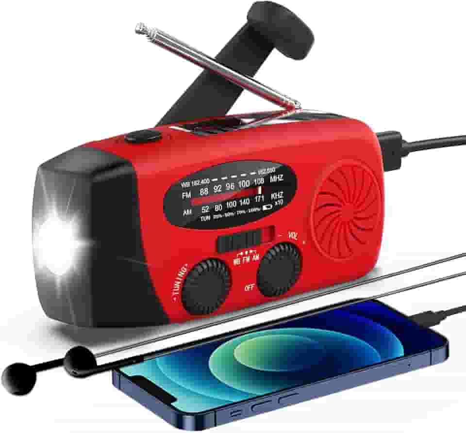 Rádio meteorológico NOAA com manivela solar de emergência com AM/FM, carregador de telefone USB de 2000 mAh e 3 lanternas de LED, alarme SOS para acampamento, equipamento de sobrevivência de falta de