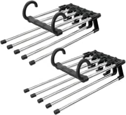 Kit com 2 Cabides de Metal Inoxidável para Pendurar Calças, 5 Espaços Horizontal Vertical Cabide Multifuncional Dobrável Inox Calça 5 Divisórias Organizador Cabide Calças Multiuso Cabideiro
