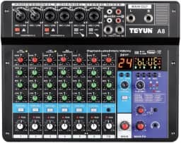 TEYUN Mixer de Áudio Profissional A8, 8 Canais, Bluetooth, USB, Phantom Power 48V, Placa de Som Digital, Ideal para Gravação Transmissão ao Vivo Podcast e Produção Musical em Casa 7/6/5/4/3 corredor