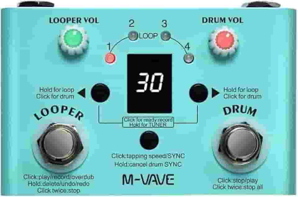 M-VAVE Pedal de Efeito para Guitarra LOST TEMPO V2 | Looper, Drum Machine com 30 Ritmos, Metrônomo, Tuner de Alta Precisão, Gravação de até 11 Minutos, 4 Loops, USB, Ideal Prática, Estúdio e Ao Vivo