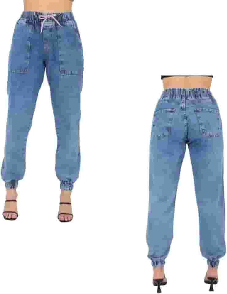Calça Jeans Jogger Feminina Cintura Alta Elástico