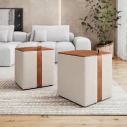 kit 2 PUFF Quadrado Puf closet Em Couro Caramelo Linho Premium Bege