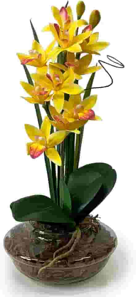 Orquídea Artificial no Vaso de Vidro - Luxo Realista para Sala, Escritório ou Presente Sofisticado (Amarelo)