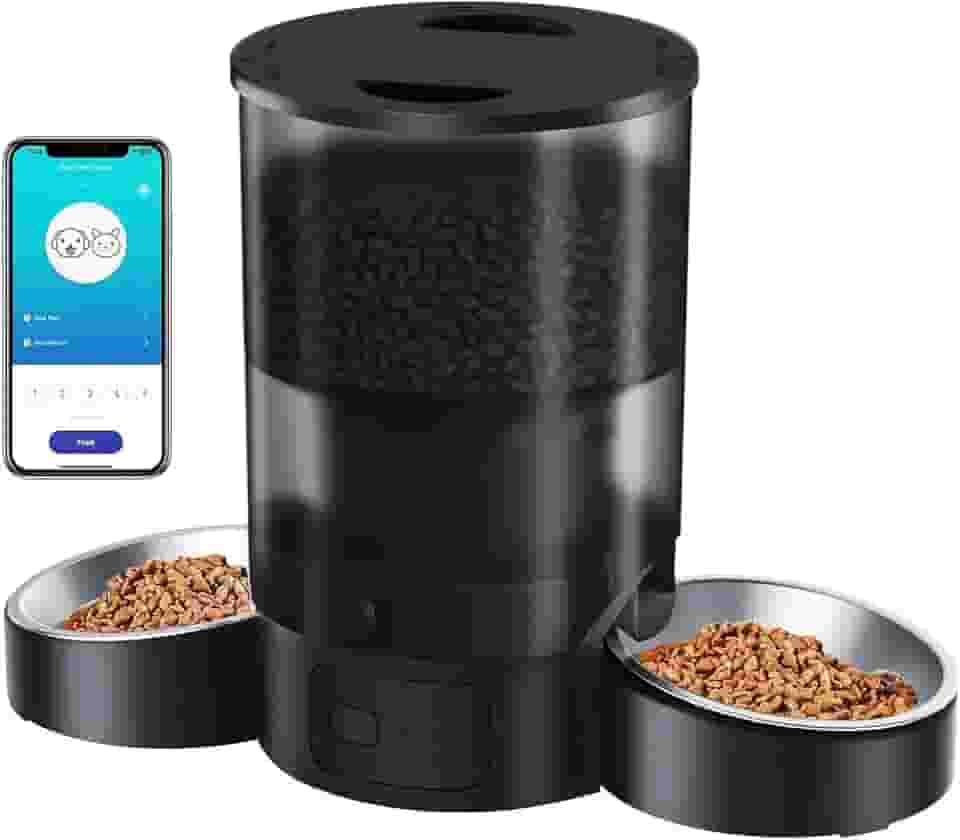 Alimentador de Animais de Estimação com Voz WIFI, Comedouro Automatico para Gatos, Distribuidor de Comida para Gatos com Tigela Dupla Cronometrada