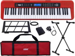Kit Teclado Musical Eletrônico Iniciante Kobe KB-300 RD 5/8 61 Teclas Sensitivas ao Toque com Pedal Sustain Capa e Estante