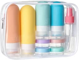 Kit de Frascos de Viagem, 17 Itens, Silicone e Plástico, com Necessaire Transparente, 60ml e 90ml (Multicor)