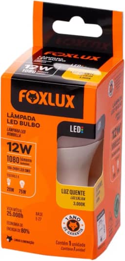 Lâmpada LED Bulbo Foxlux – 12W – 3000K – Luz Amarela – 1080 lm – Base E-27 – Bivolt – Vida média: 25.000h request change Lâmpada LED Bulbo 12W 3000K Bivolt - Luz Quente