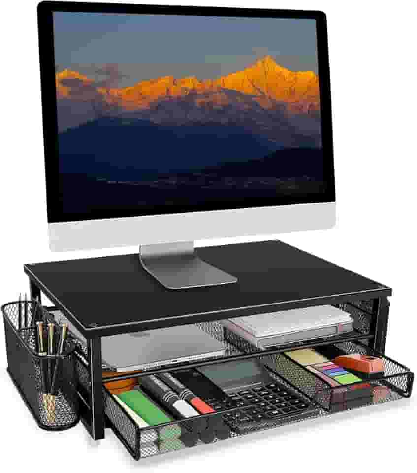 Suporte para Monitor de Computador de 2 Camadas com Gaveta e 2 Suportes, Suporte Monitor Mesa, Suporte para Monitor de Mesa, Base para Monitor, Base Monitor, Suporte de Mesa para Monitor, Stand Desk
